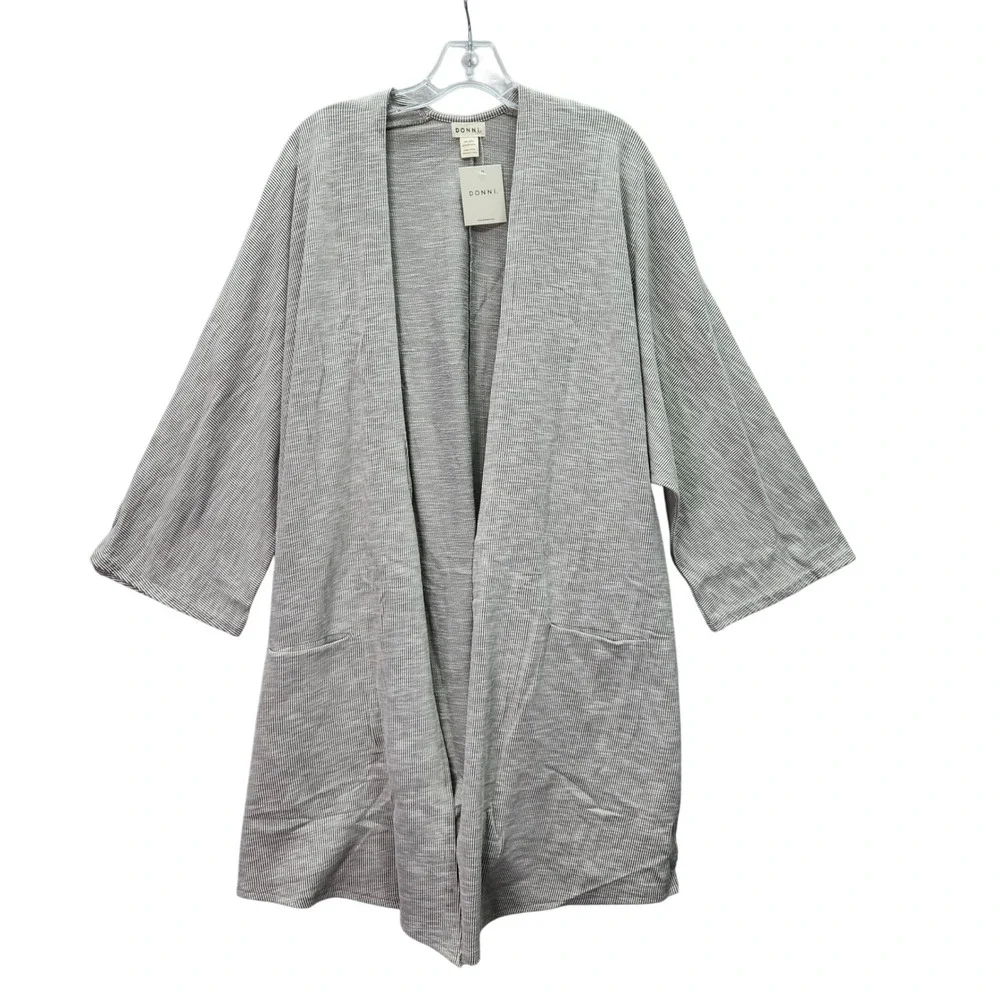 DONNI One Size Plus Grey Striped Kimono Cardigan Lightweight Open Front Pockets‎